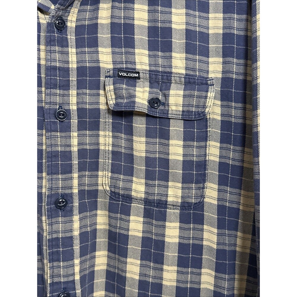 Volcom Cotton Shirt Mens Plaid Modern Fit Button Up Pocket Large Yellow & Blue - Picture 7 of 11